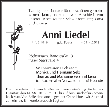 Traueranzeige von Anni Liedel von Pegnitz-Zeitung